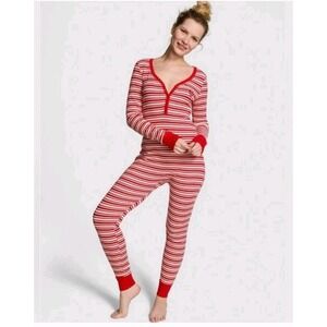 Victoria's Secret PINK Women's Thermal One Piece Pajama Red White Striped Size M